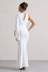 White High-Neck Cape-Sleeve Maxi Dress